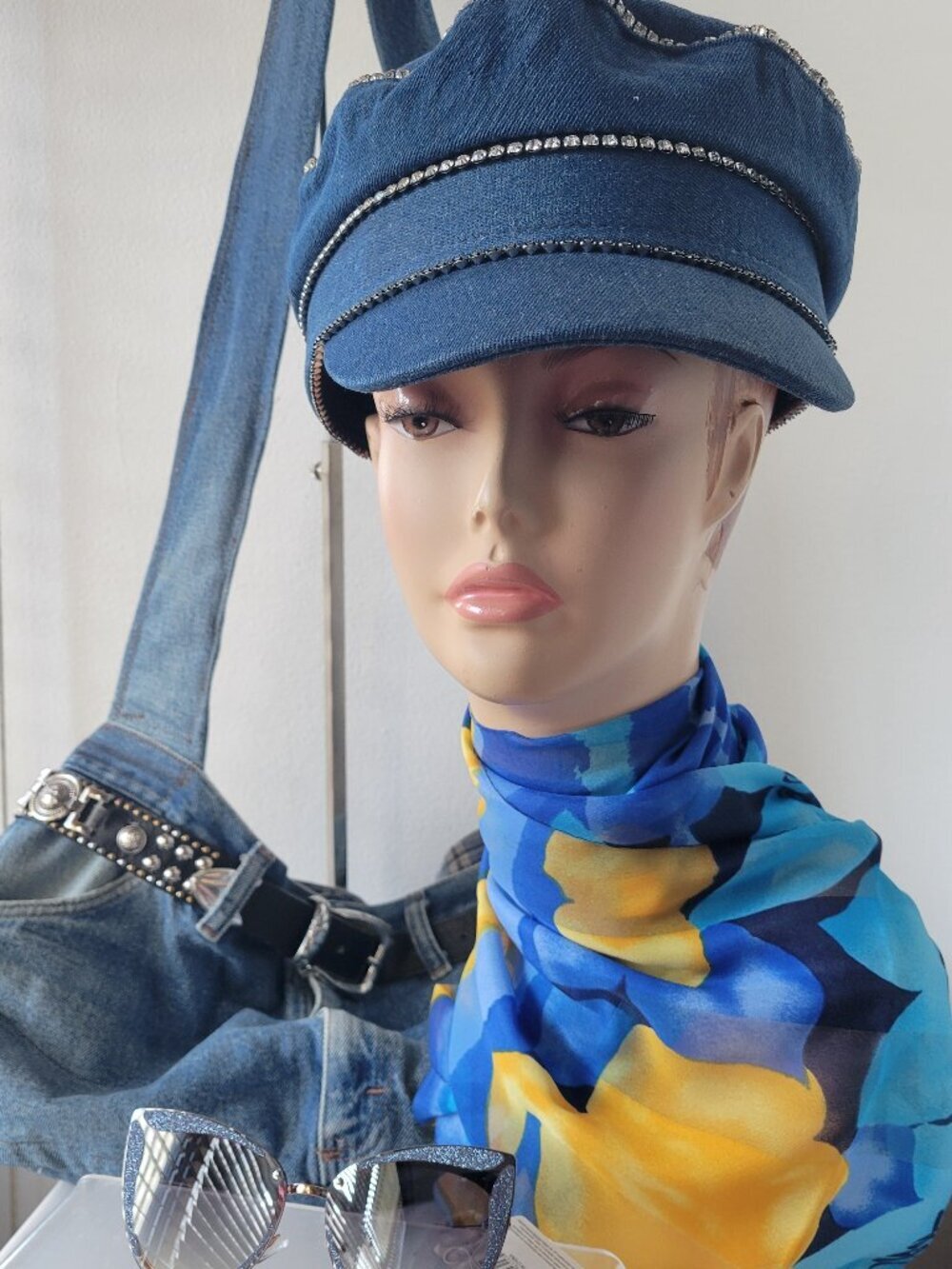 C&G New York Blue Denim Rhinestone Newsboy Cap
